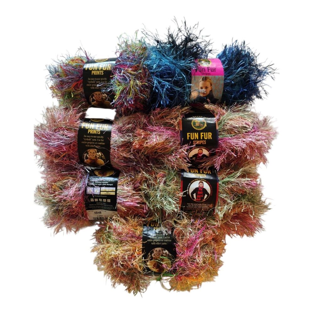 Lion Brand Fun Fur Yarn Lot of 7 Assorted yarn Stripes and Prints